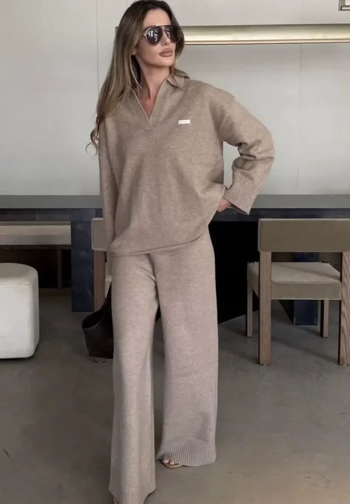 Taupe Oversized V-Neck With Wide-Leg Pants
