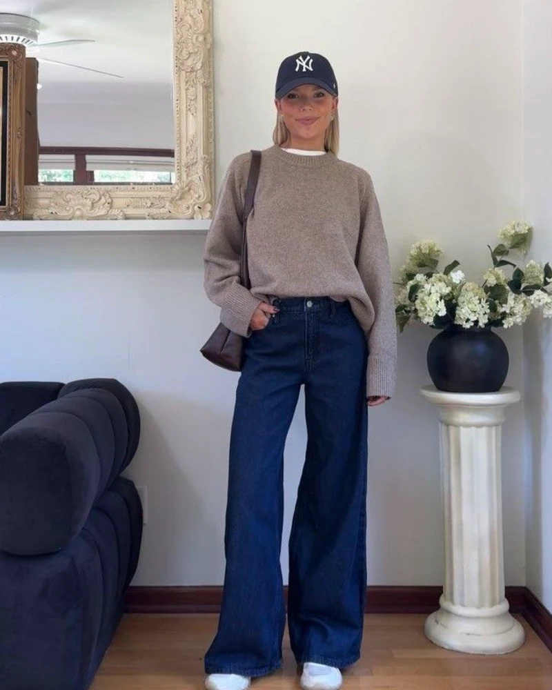 Taupe Sweater & Dark Wash Wide-Leg Jeans