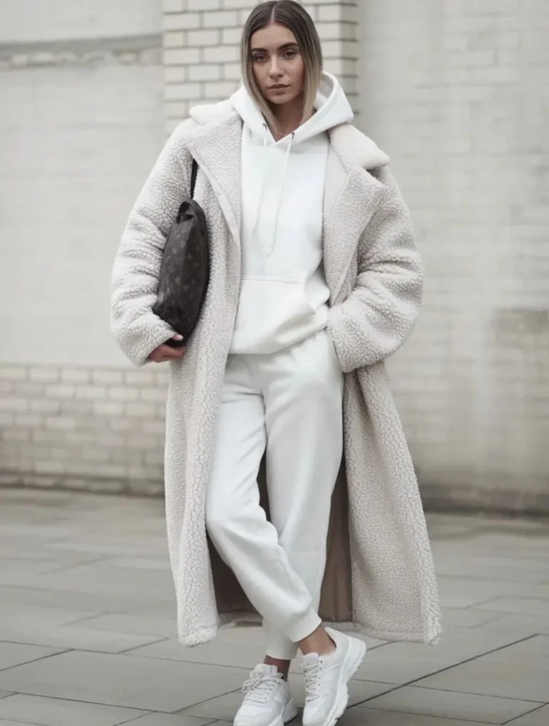 Teddy Coat Over an All-White Sweatsuit