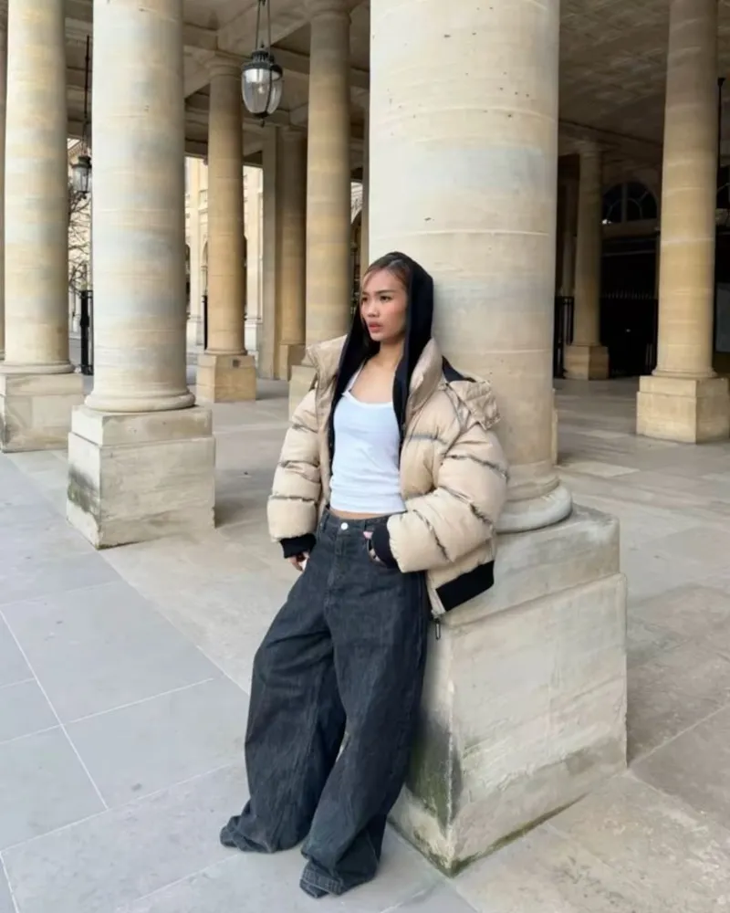 Tie-Dye Puffer Jacket + Hood Up + Baggy Black Jeans