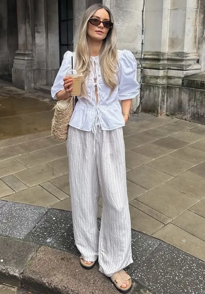 Tie-Front Blouse & Pinstripe Trousers