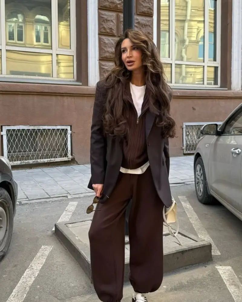  Tonal Brown Blazer Over a Half-Zip
