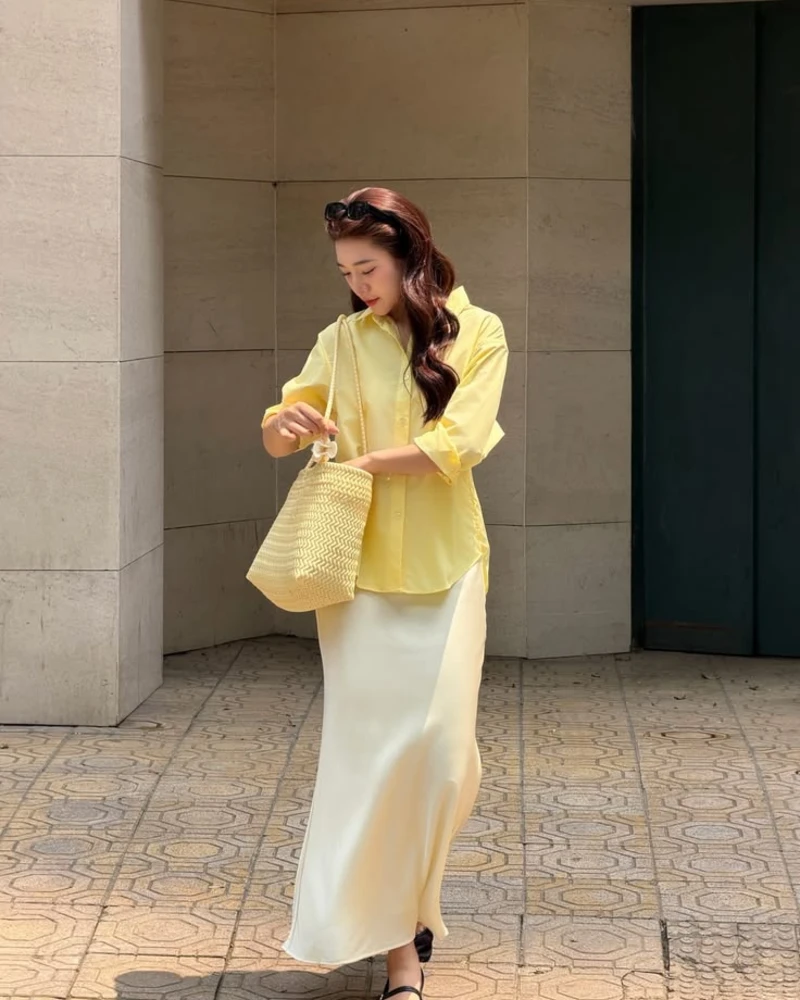 Tonal Yellow Blouse & Satin Skirt