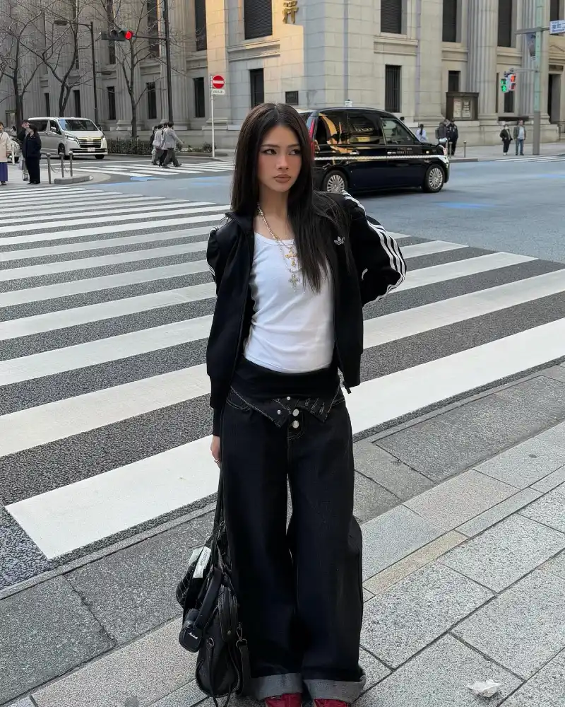 Track Jacket + Black Wide-Leg Jeans