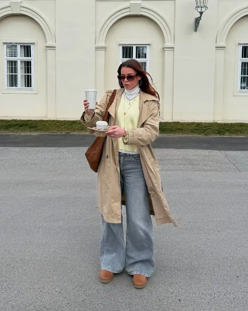 Trench, Pale Yellow Sweater, and Light Wash Denim