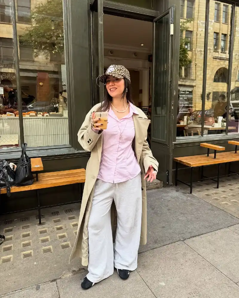 Trench, Pinstripe Shirt, and Sweatpants