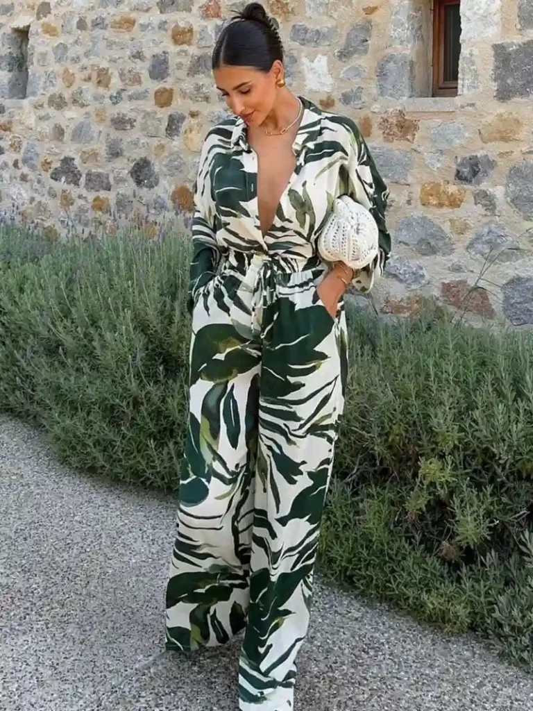 Tropical Print Jumpsuit With Wide Legs