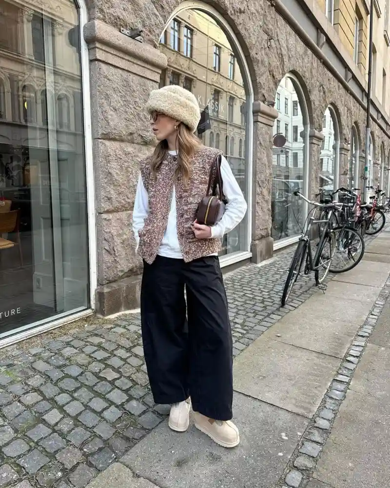 Tweed Marled Vest + White Top + Black Wide Trousers