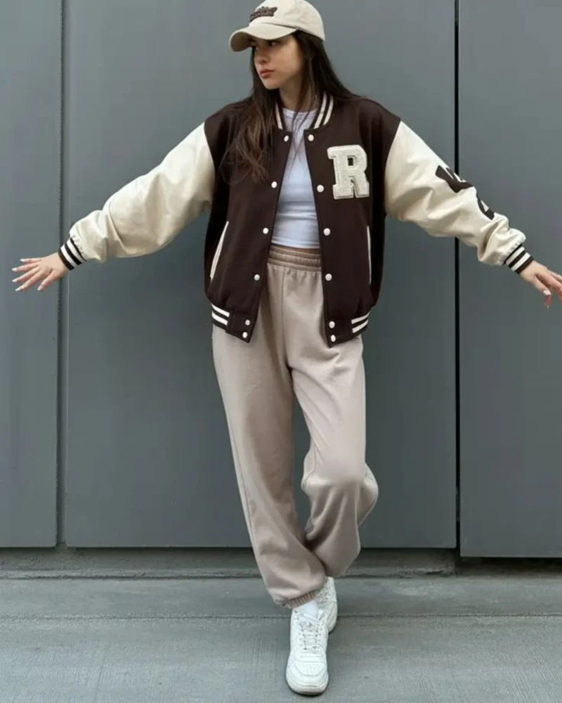 Varsity Jacket + Beige Sweatpants