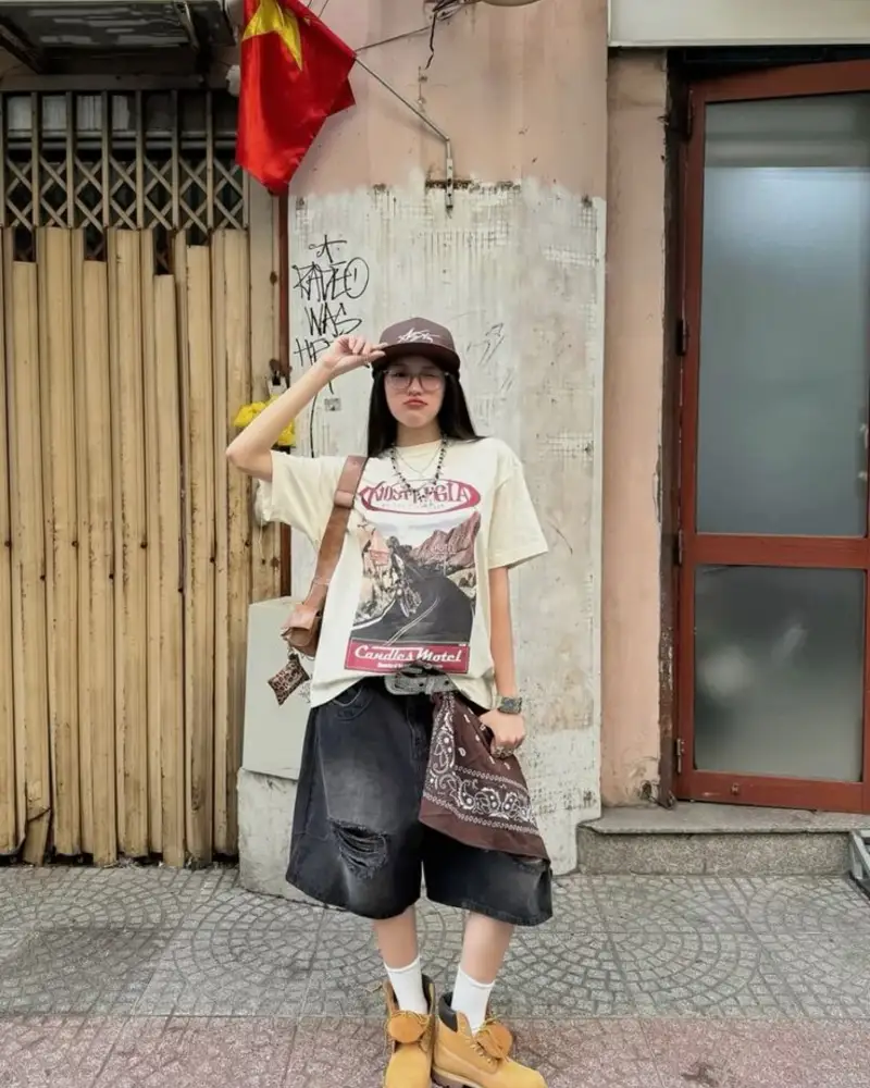 Vintage Graphic Tee Meets Denim Shorts