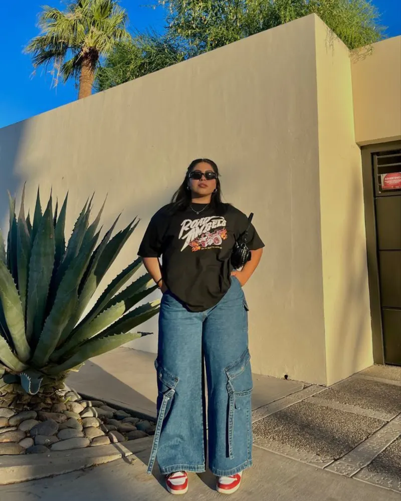 Vintage Graphic Tee with Cargo Wide-Leg Jeans