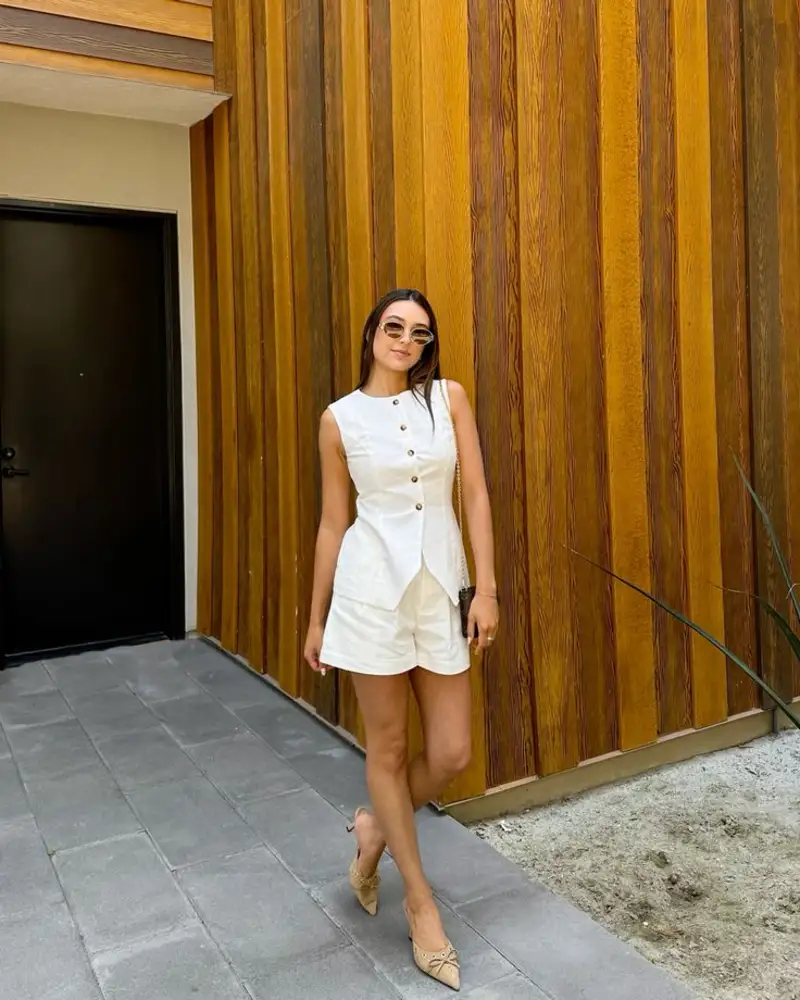 White Button Vest With Matching Shorts