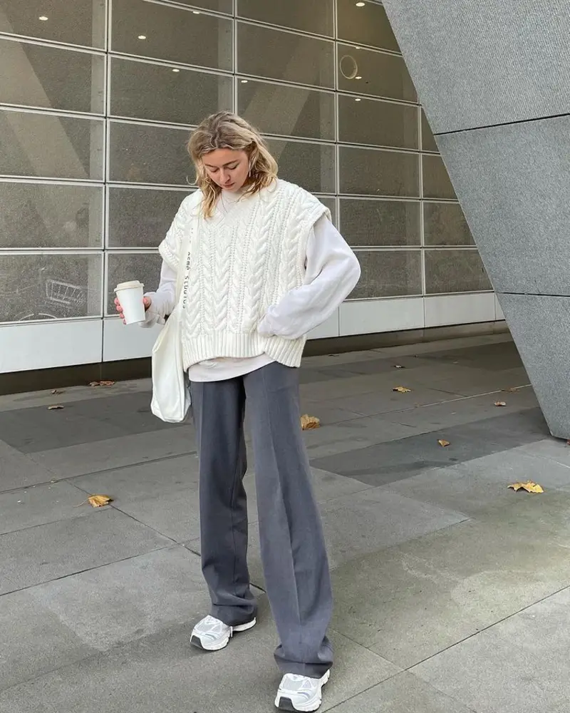  White Cable Knit Vest + White Sweatshirt + Grey Trousers