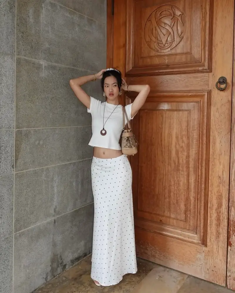 White Crop Tee & Polka Dot Maxi Skirt