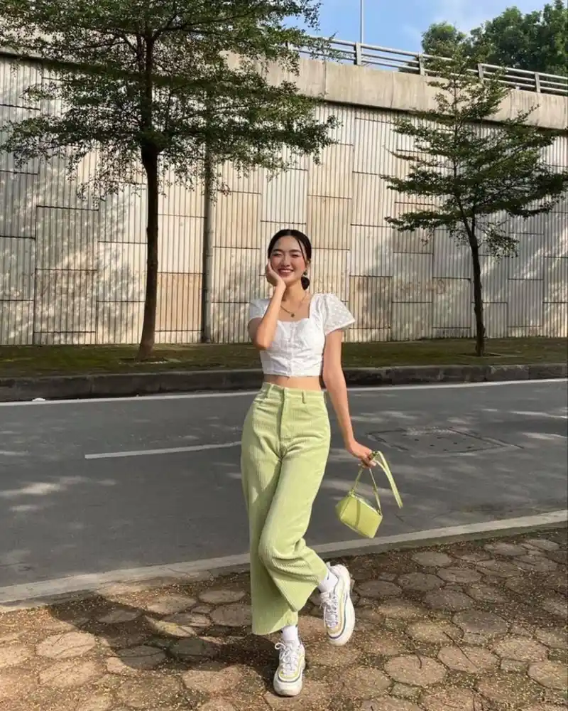 White Crop Top & Light Green Pants
