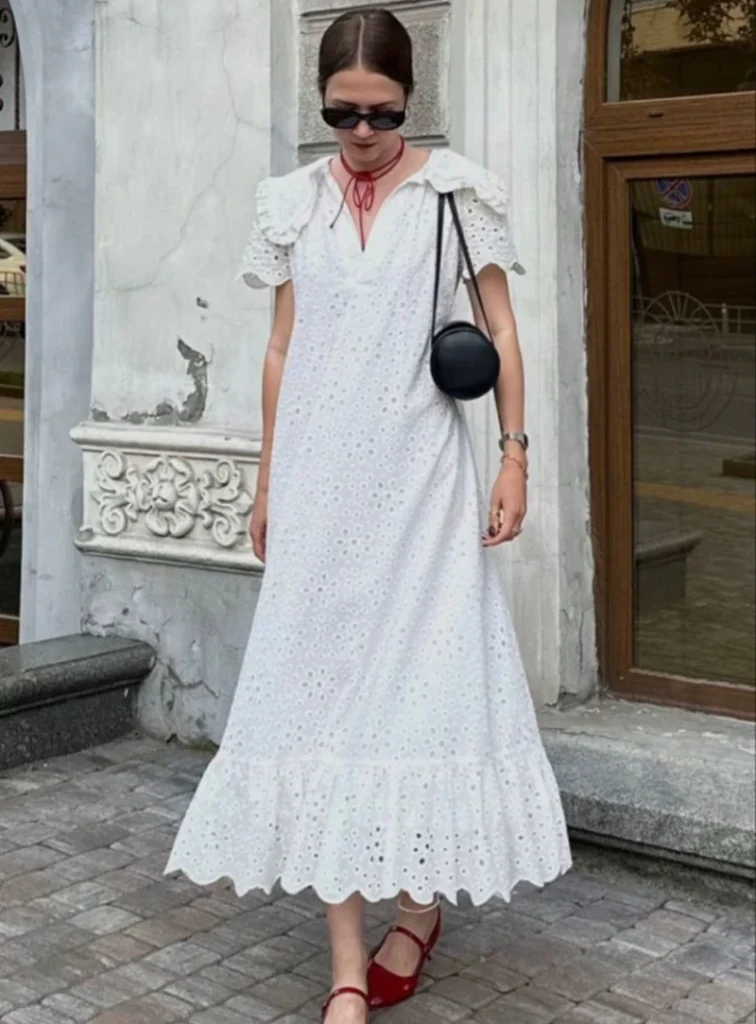 White Eyelet Dress, Red Accents, Textured but Simple