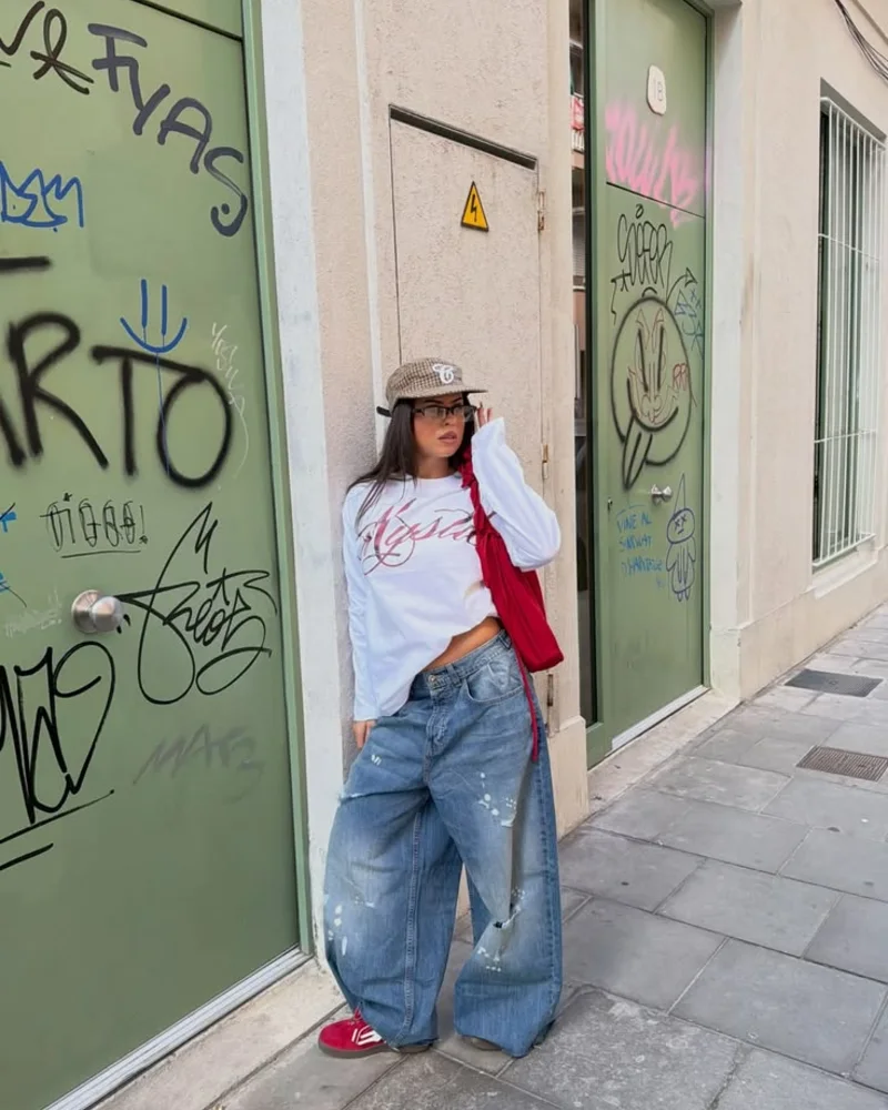 White Graphic Long Sleeve, Distressed Wide Denim