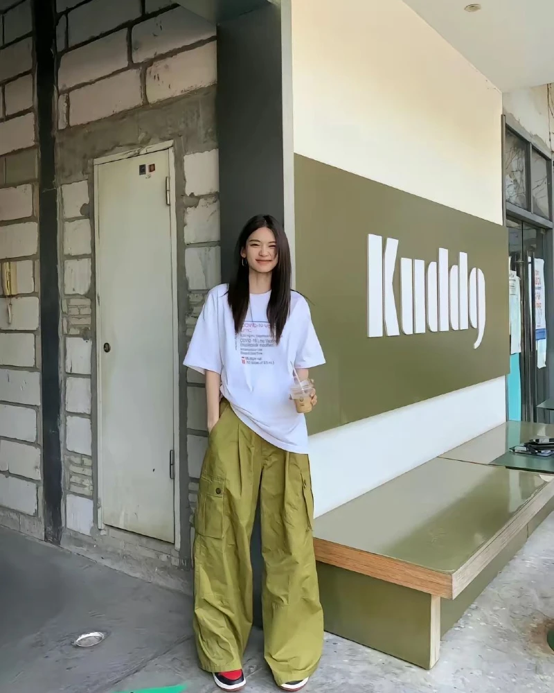 White Graphic Tee & Olive Cargo Pants