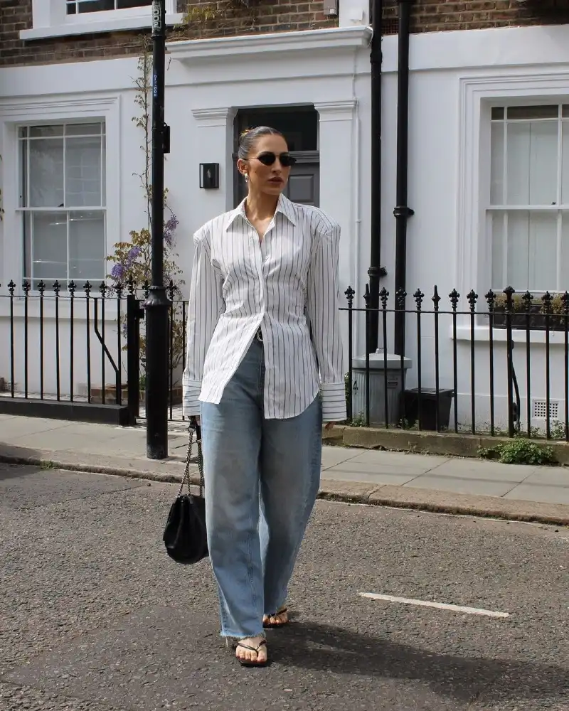 White & Grey Pinstripe Shirt with Wide-Leg Denim