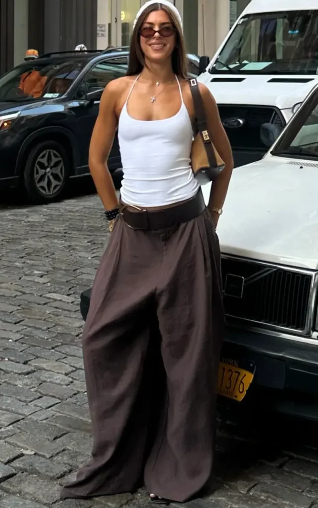 White Halter Tank & Brown Trousers