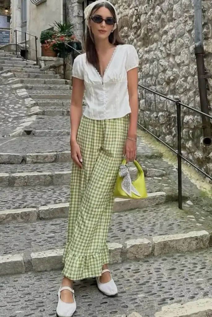 White Lace-Trim Blouse & Green Gingham Trousers
