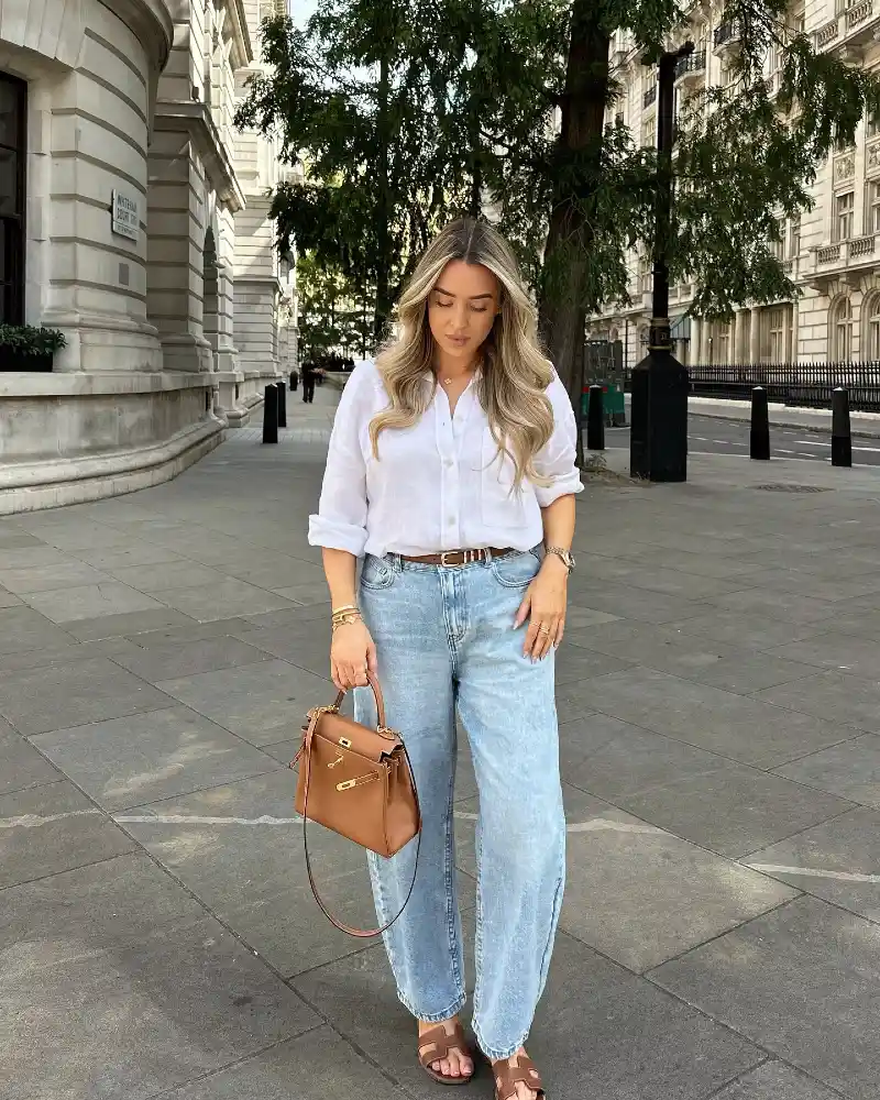 White Linen Shirt & Acid-Wash Wide-Leg Denim