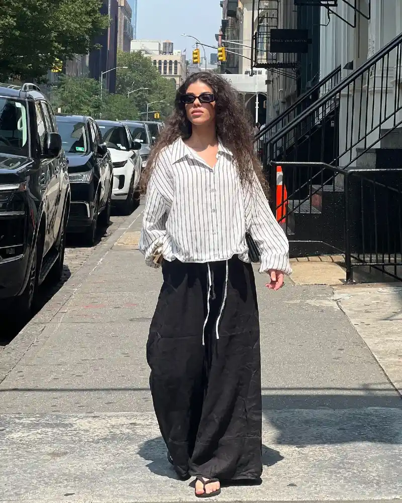 White & Navy Striped Crop Shirt with Black Wide-Leg Pants