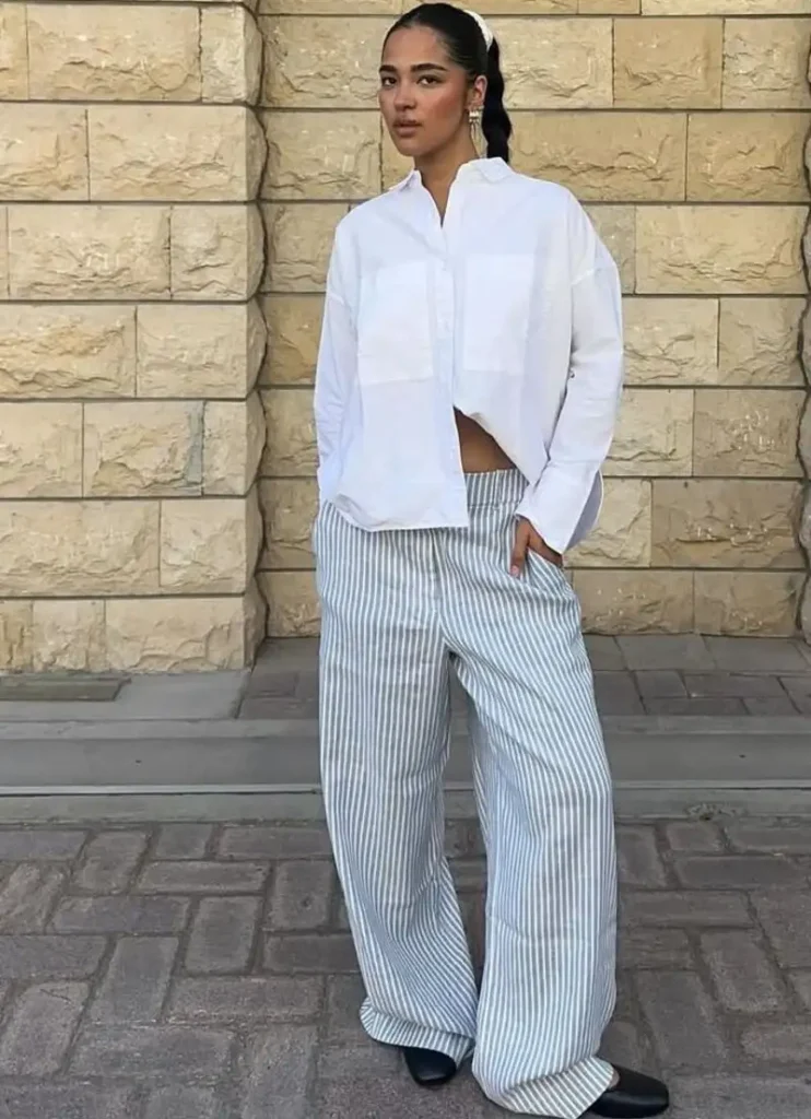 White Oversized Shirt with Grey-Blue Striped Trousers