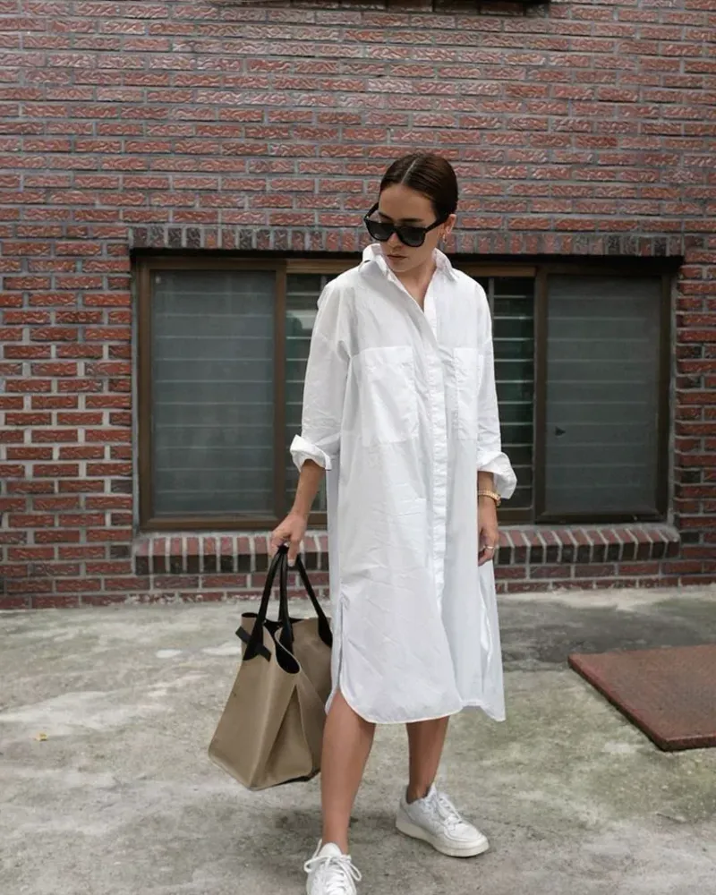 White Shirt Dress & Sneakers