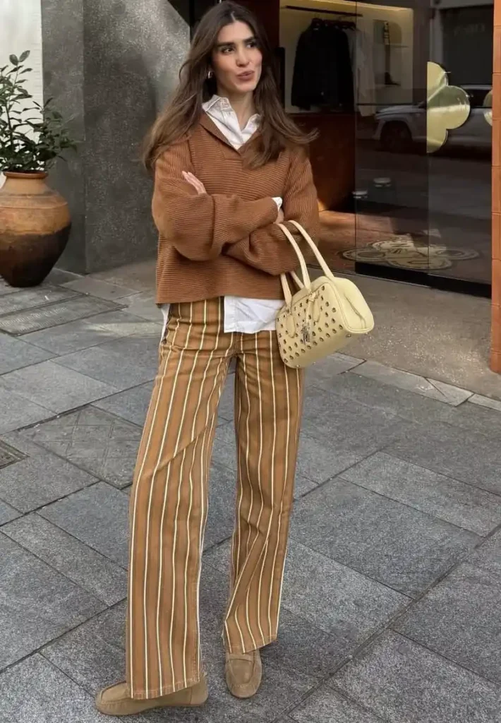 White Shirt Under Brown Ribbed Sweater and Striped Camel Trousers