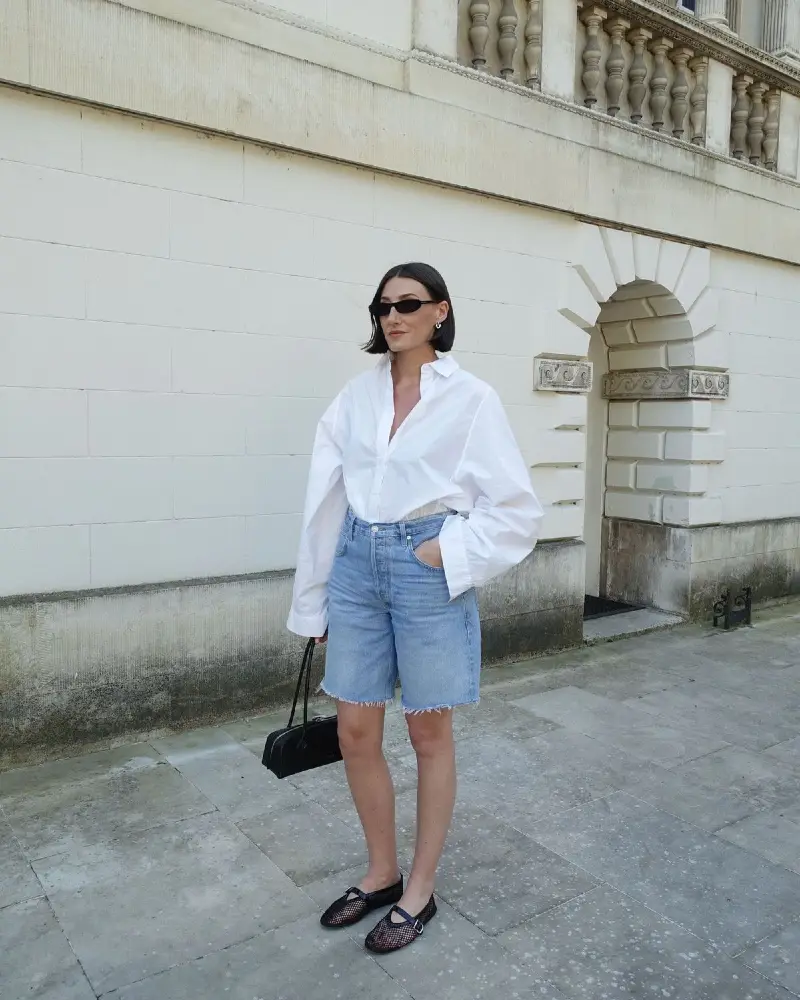 White Shirt and Light Denim Shorts