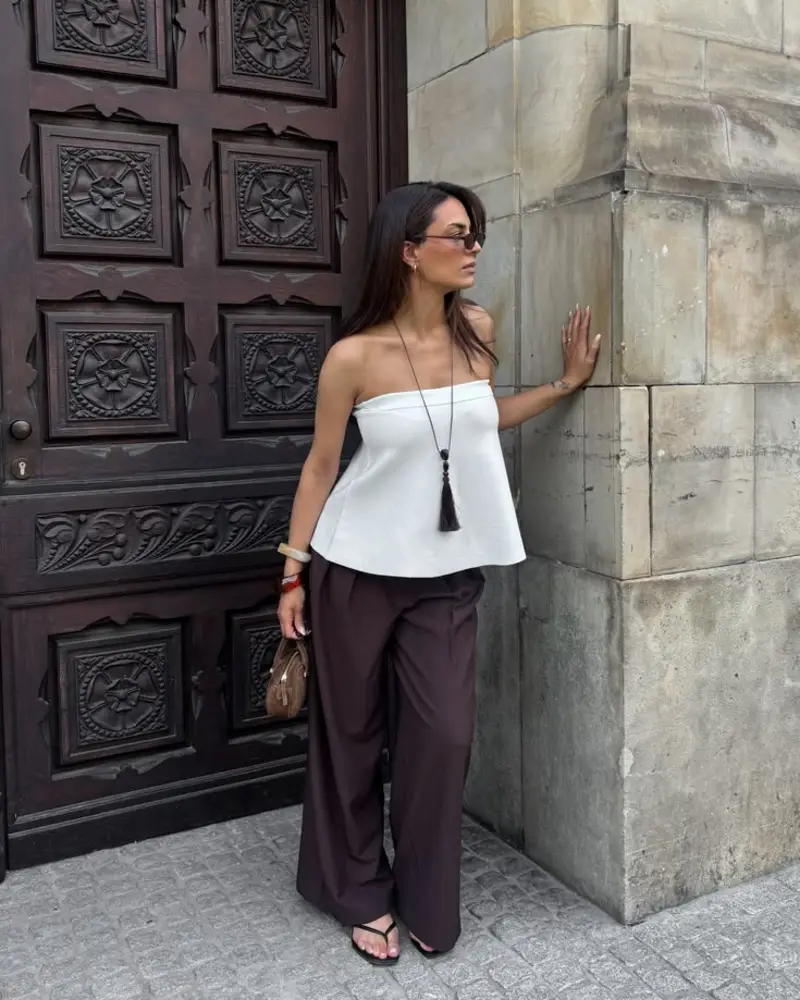 White Strapless Top & Chocolate Wide-Leg Trousers