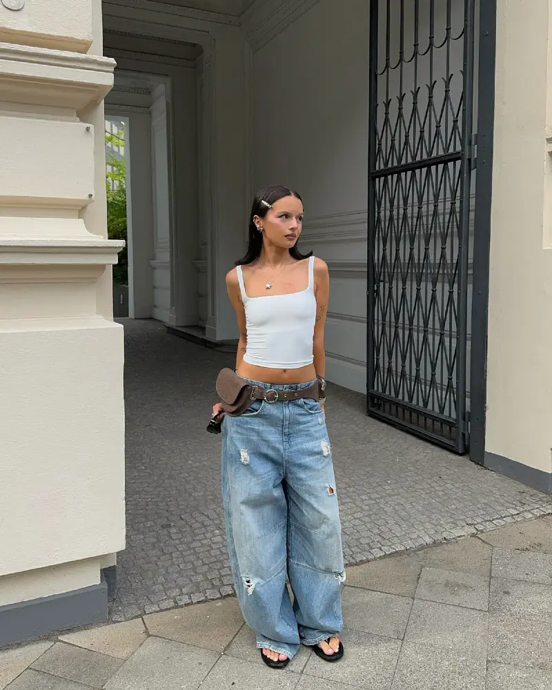 White Tank & Distressed Wide Jeans
