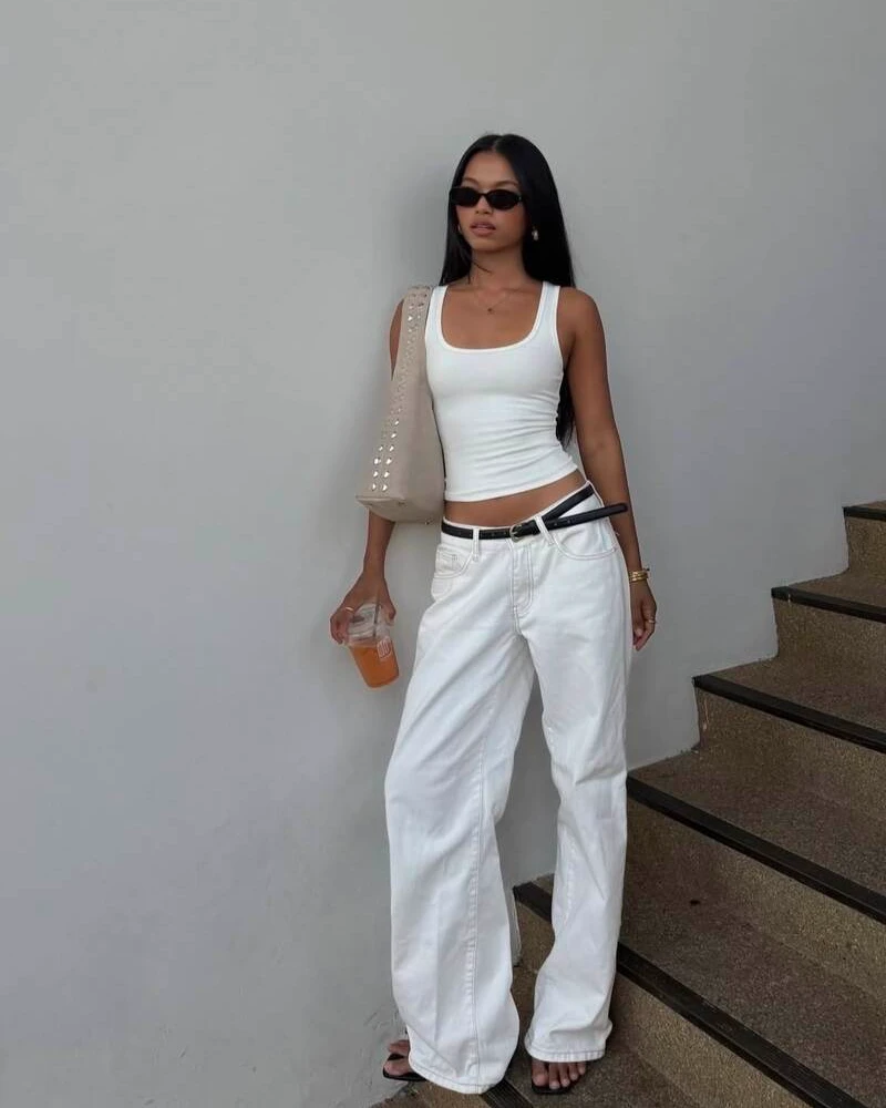 White Tank, White Wide-Leg Jeans