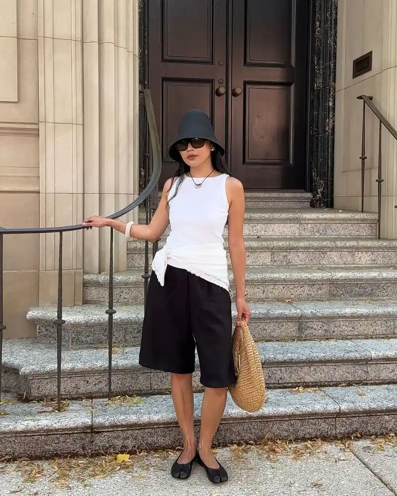White Tank and Black Bermuda Shorts