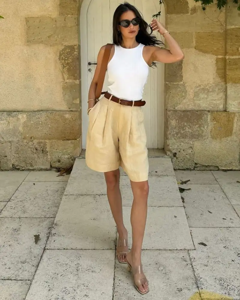 White Tank and Linen Bermuda Shorts