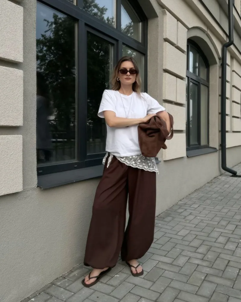 White Tee & Brown Wide-Leg Pants