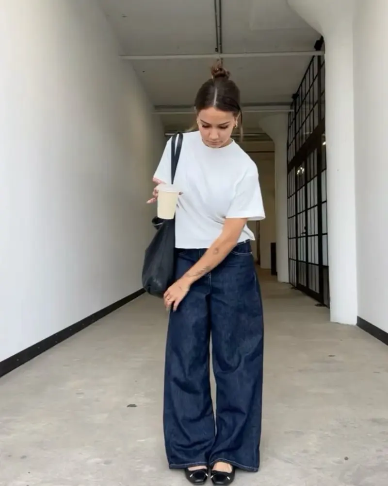 White Tee & Dark Wide-Leg Jeans