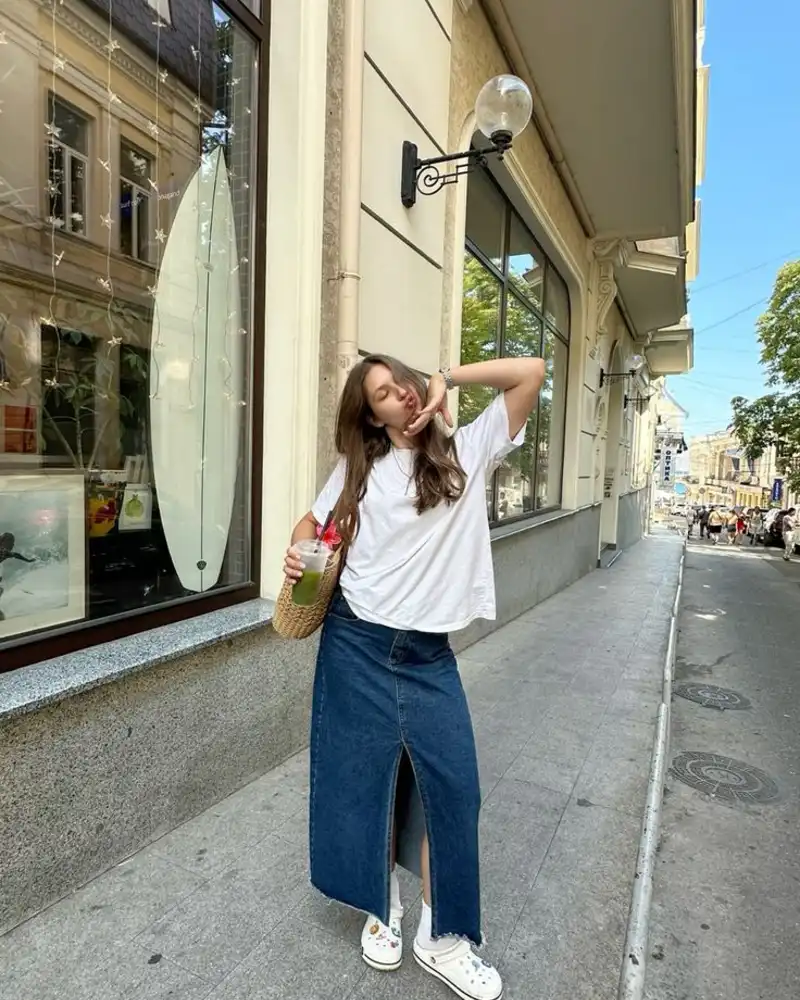 White Tee & Denim Midi Skirt