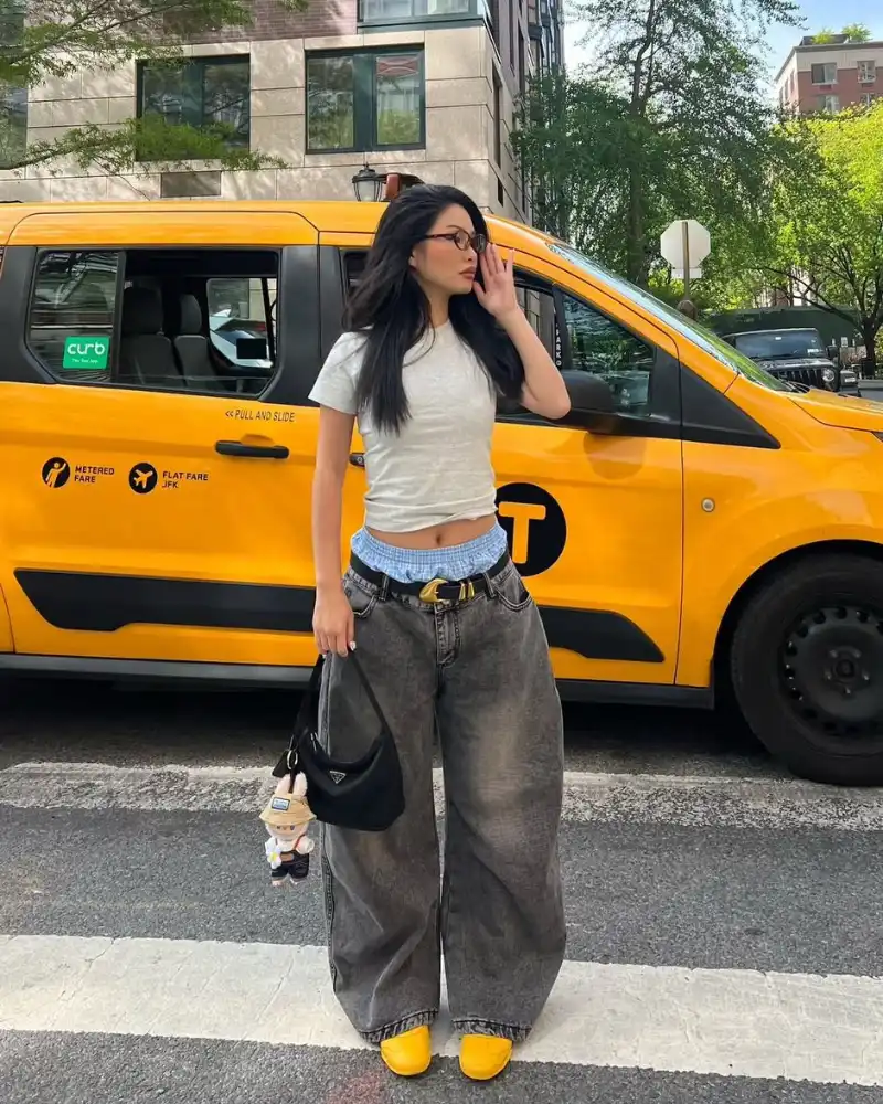 White Tee & Grey Wide-Leg Jeans
