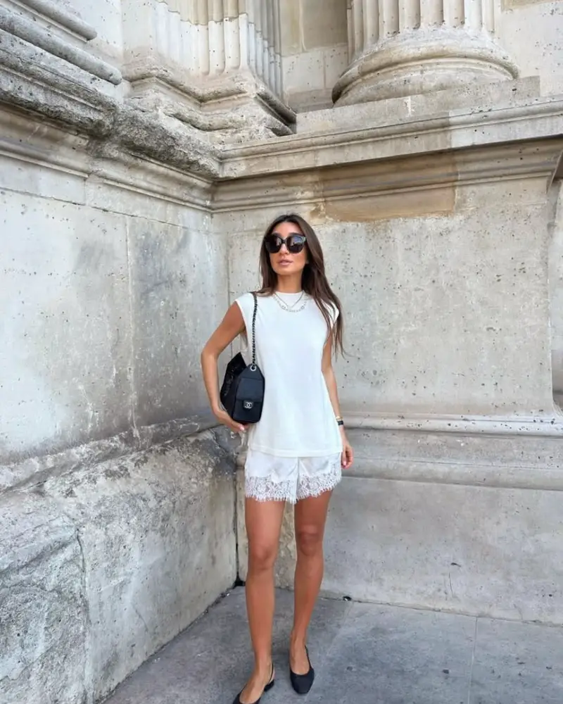 White Tee & Lace-Trim Shorts