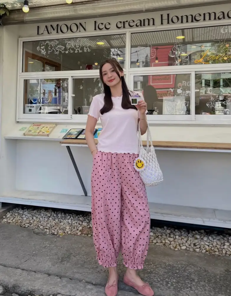 White Tee & Pink Polka Dot Pants
