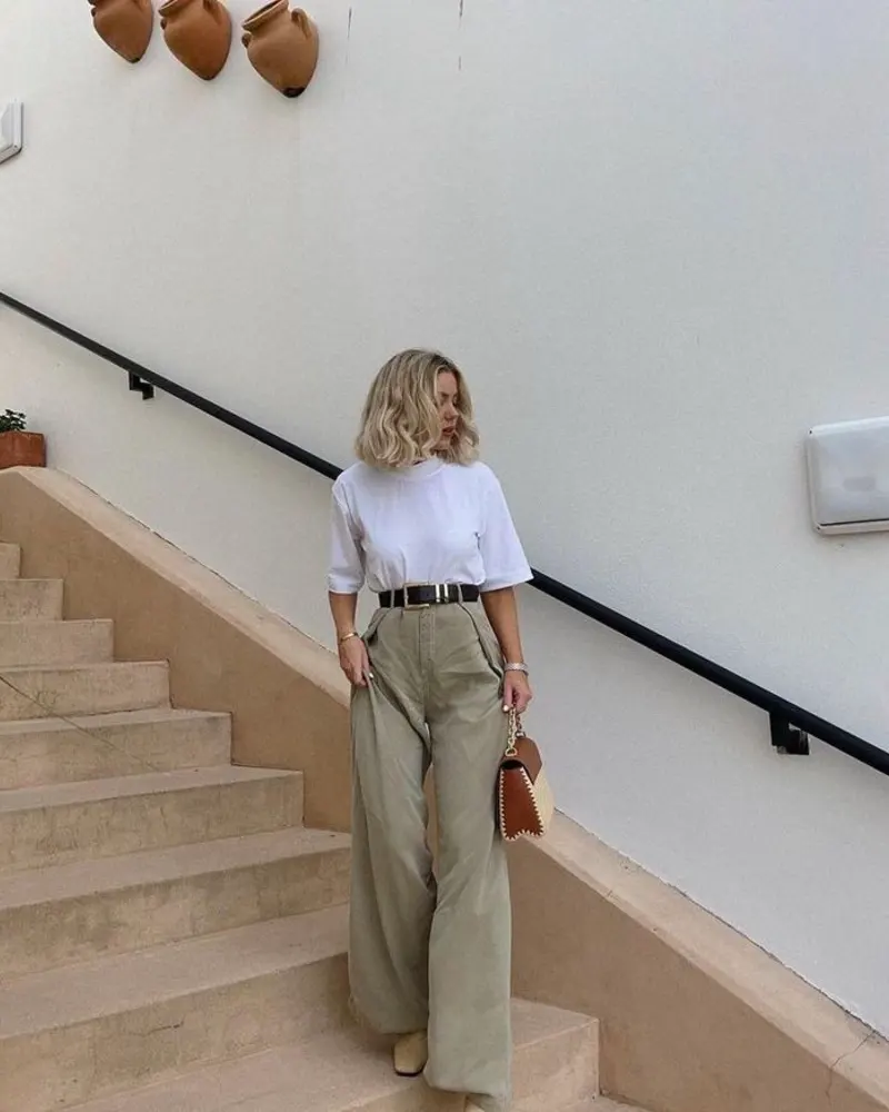 White Tee + Sage Wide-Leg Trousers