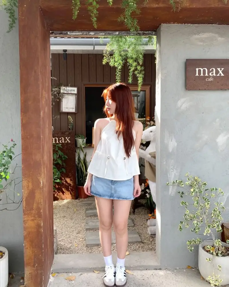 White Tie-Front Top + Denim Mini Skirt