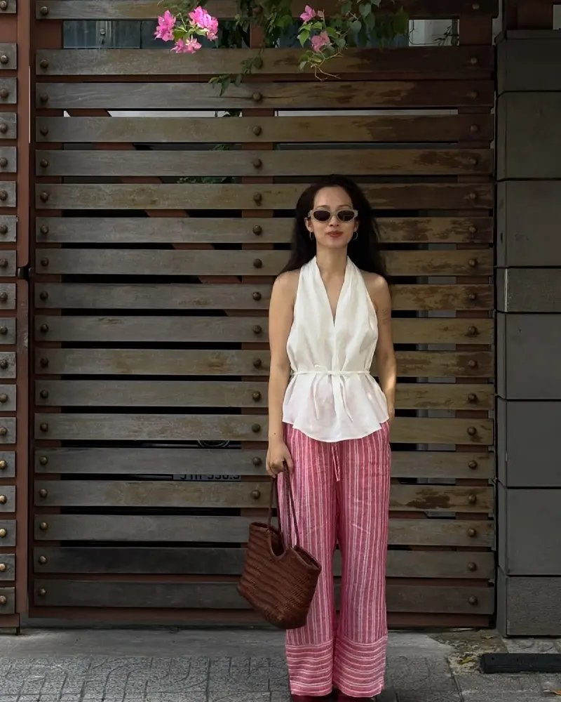 White Tie-Waist Halter & Pink Striped Trousers