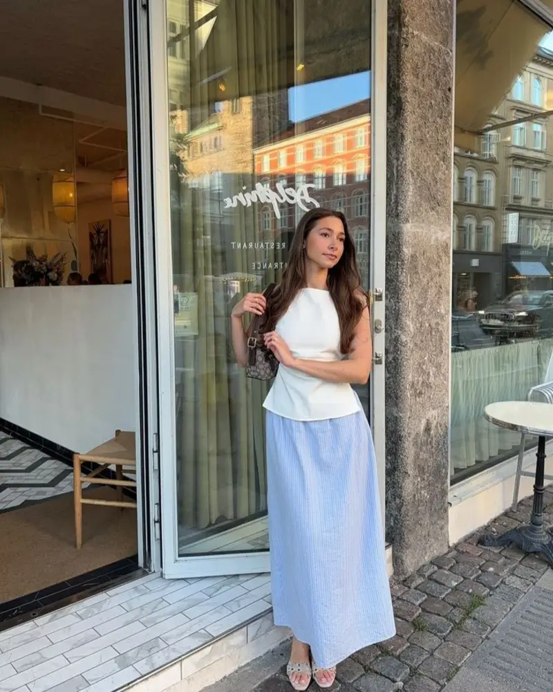 White Top & Light Blue Textured Skirt