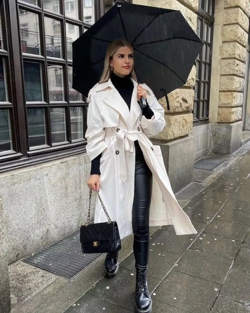 White Trench, Black Leather Contrast