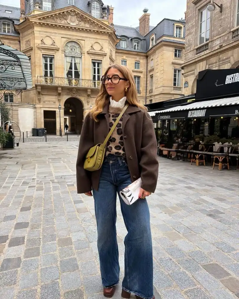 Wool Jacket, Leopard Sweater, and Chartreuse Bag