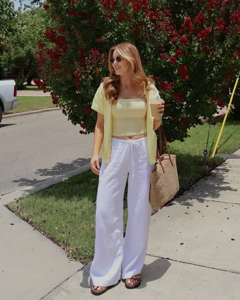 Yellow Cardigan + White Linen Pants