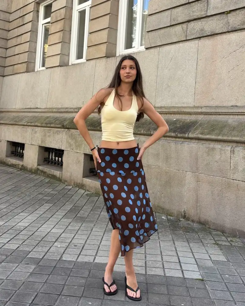 Yellow Halter Top With Polka Dot Midi Skirt